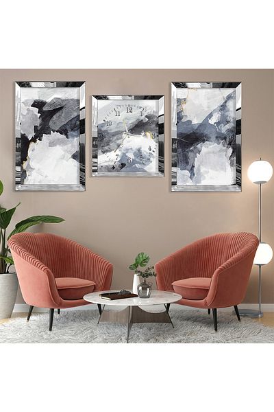 Zevahir Mobilya Dekorasyon Abstract Pattern Silver Plexi Edge Triple Mdf Table Set and Clock Set