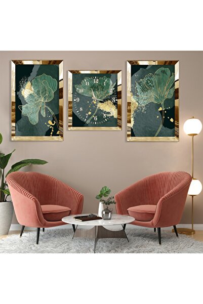 Zevahir Mobilya Dekorasyon Yeşil Çiçek Soyut Desen Gold Pleksi Kenar Üçlü Mdf Tablo Seti Ve Saat Seti