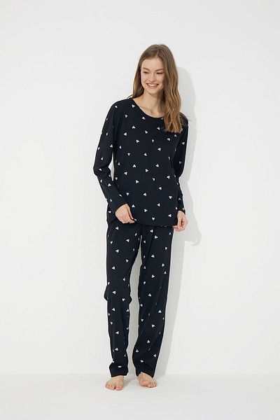 Siyah İnci Black and White Heart Patterned Cotton Pajama Set