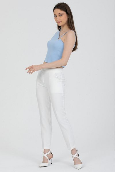 MD trend Women's Ecru Double Pocket Classic Fabric Trousers