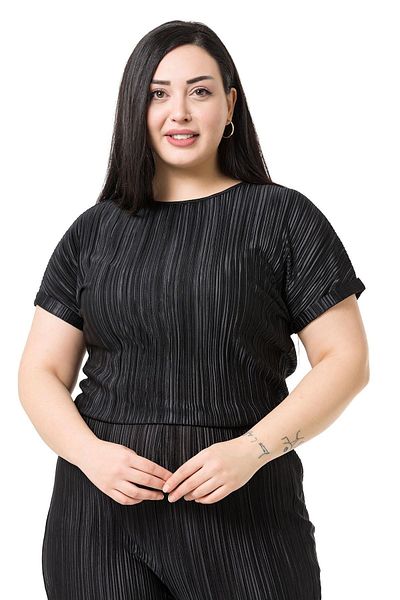 DISENTIS MODEST Plus Size Short Sleeve Black Women's Jumpsuit with Elastic Waist and Zipper