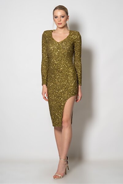 RENGIN V Yaka Uzun Kollu Eteği Oyuk Yırtmaçlı Kısa Elbise