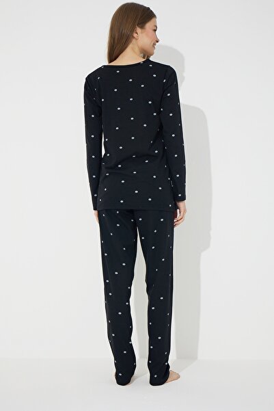 Siyah İnci Siyah Puan Desenli Pamuklu Pijama Takımı