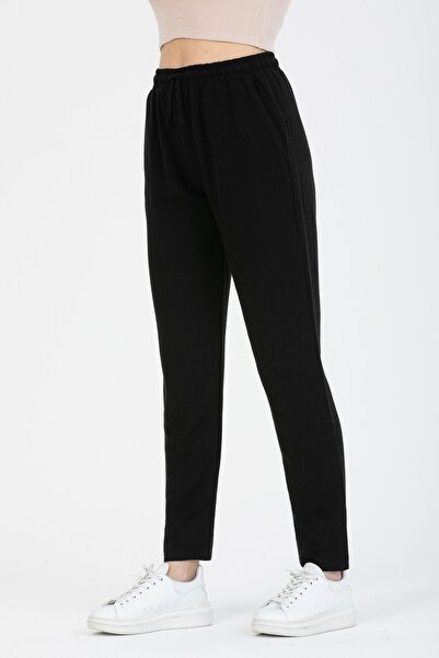 MD trend Women's Black Elastic Waist Double Pocket Tie Linen Trousers