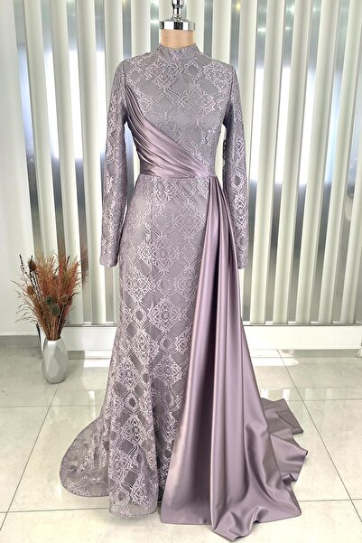 Rana Zenn Gri Belden Pelerinli Dantel Saten Mihru Abiye