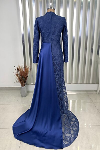 Rana Zenn Lacivert Belden Pelerinli Dantel Saten Mihru Abiye