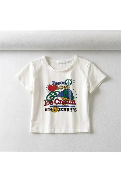 Gofeel Peace Love Ice Cream Printed Short Sleeve White Multicolor Crop Tshirt