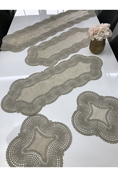 Home طقم غرفة معيشة مكون من 5 قطع مع حبل مخملي مطرز بحافة من الدانتيل