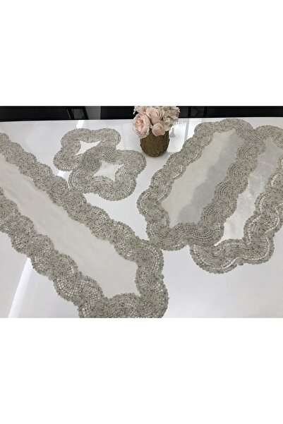 Home طقم غرفة معيشة مكون من 5 قطع مع حواف من الدانتيل وحبل مخملي مطرز