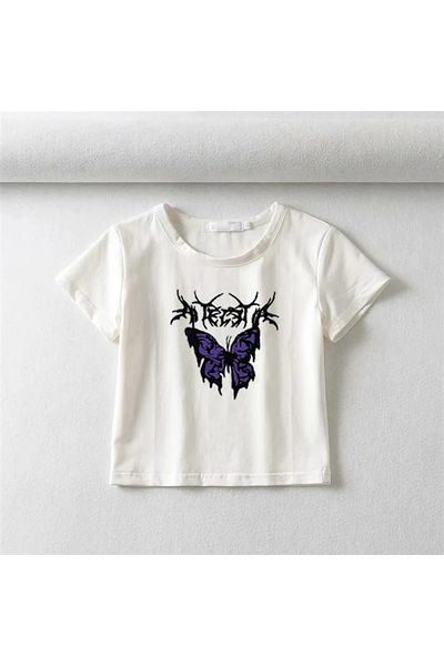 Touz ένδυμα zolid - Gothic White Crop Top, Purple Butterfly Printed