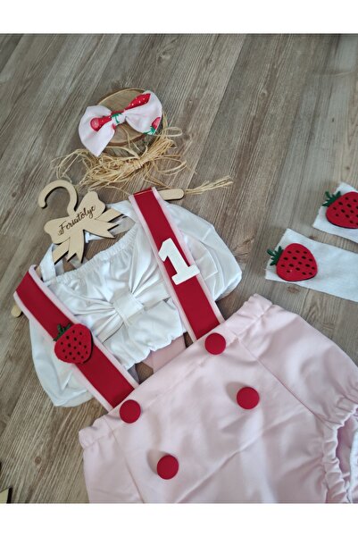 Feriatolye Çilek Konsepti Kız Bebek Pembe Kırmızı Şeritli Pasta Patlatma Kost...