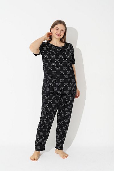 Siyah İnci Black Teddy Bear Patterned Curve Plus Size Oversized Short Sleeve Cotton Pajama Set