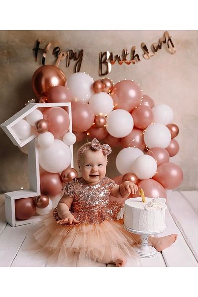 Çemrek Süs Parti White Salmon and Chrome Rose Mini Balloon Chain Set 50 Balloon and Happy Birthday Flames and Fairy LEDs