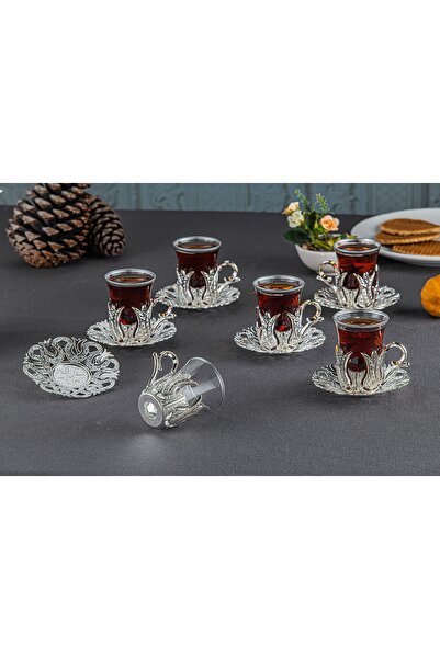 Sena Hanedan 6 Kişilik 18 Parça Gümüş Renk Çay Bardağı Sunum Seti