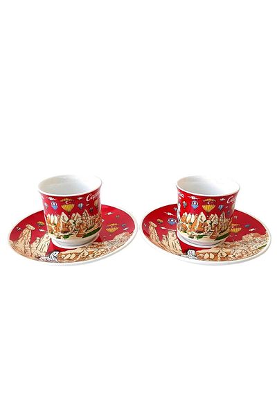 kapadokyahediyelik Cappadocia Themed Porcelain Double Coffee Set