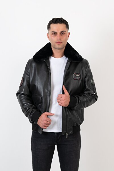 Deri Effect Erkek Siyah Jumbo Pilot Yaka Kürklü Hakiki Deri Ceket