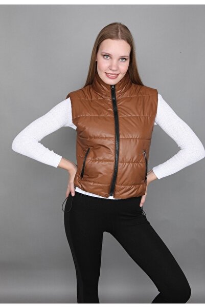 NEFA TİCARET / Dik Yaka Fermuarlı Cepli Beli Lastik Ayarlı Yarı Parlak Kahver...