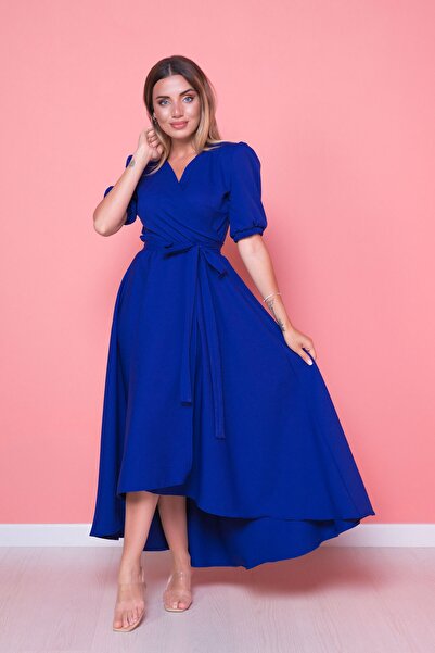 lovebox Women's Flexible Atlas Fabric Belted Asymmetrical Cut Midi Length Double Breasted Collar Saks Blue Flared Dress 410