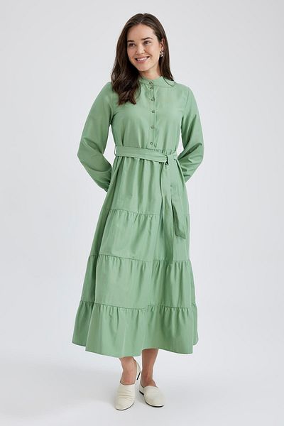 DeFacto Basic-Maxikleid aus Popeline mit langen Ärmeln und Gürtel und Rundhalsausschnitt