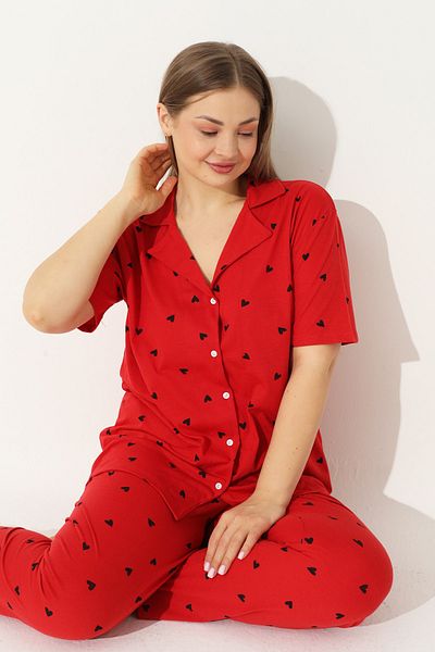 Siyah İnci Комплект памучна пижама с къси ръкави и копчета Red Curve Plus Size King Size