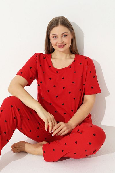 Siyah İnci Red Curve Plus Size King Size Short Sleeve Cotton Pajama Set