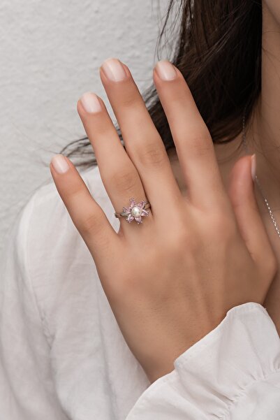 klas gümüş Incili Lotus Pembe Taşlı Rodaj Yüzük 925 Ayar Gümüş