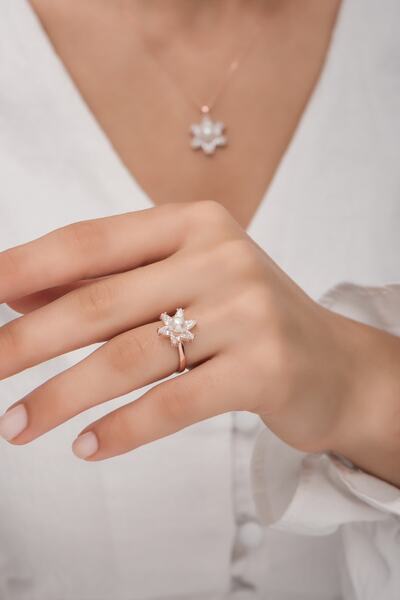 klas gümüş Incili Lotus Beyaz Taşlı Rose Yüzük-925 Ayar Gümüş