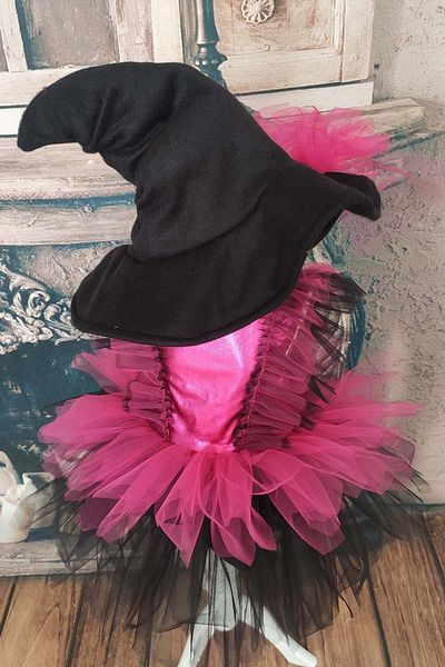 Shecco Babba Fuchsia Black Layered Girl's Tutu Witch Dress and Hat, Birthday Dress