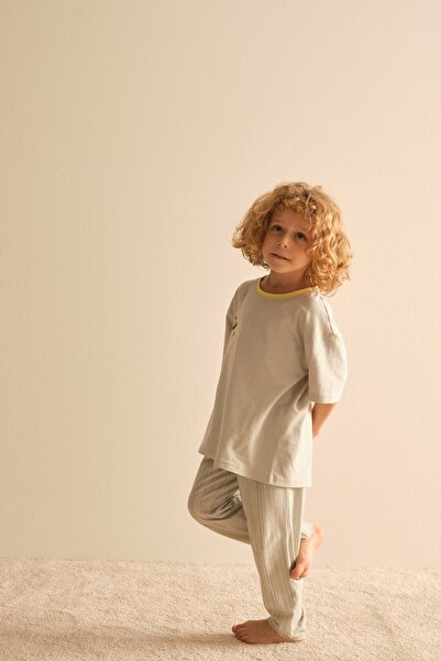 Syah Erkek Çocuk Pamuklu Kısa Kollu Uzun Alt Pijama Takımı