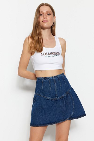Trendyol Collection Kék aszimmetrikus záródású, magas derekú mini farmerszoknya TWOAW23ET00210