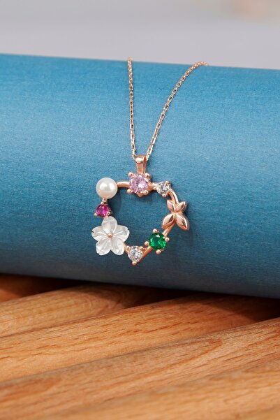 klas gümüş Kalpli Rose Manolya Çiçeği Kolye-925 Ayar Gümüş