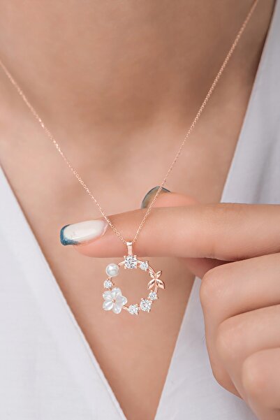 klas gümüş Sedefli Ve Incili Manolya Çiçeği Rose Kolye-925 Ayar Gümüş