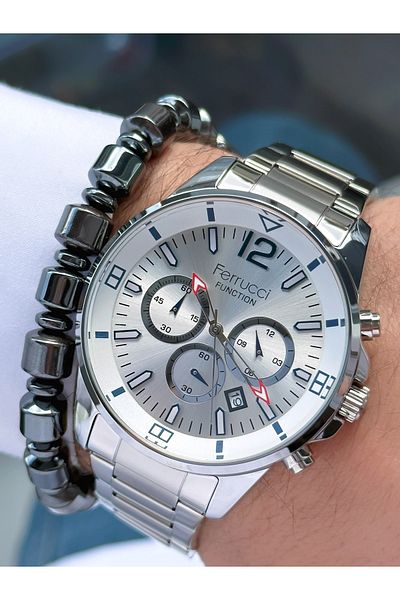 Ferrucci Silver Color Steel Strap Functional Men's Wristwatch Bracelet Gift