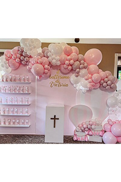 Çemrek Süs Parti Toz Pembe Beyaz Balon Zinciri Seti 80 Adet Balon Ve Zincir