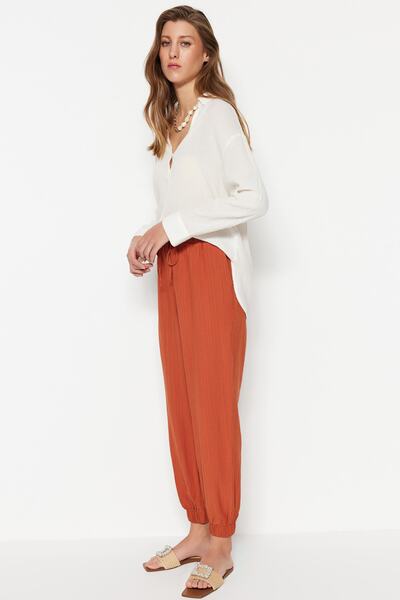 Trendyol Collection Brown Woven Waist and Leg Elastic Crepe Trousers TWOSS23PL00055
