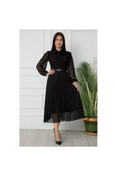 sarebutik Black Halter Lace Detail Pleated Plus Size Evening Dress