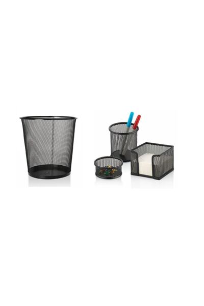 Voltmar Metal Çöp Kovası Masa Üstü Kalemlik Ataşlık Küp Notluk 4 Lü Set Fileli
