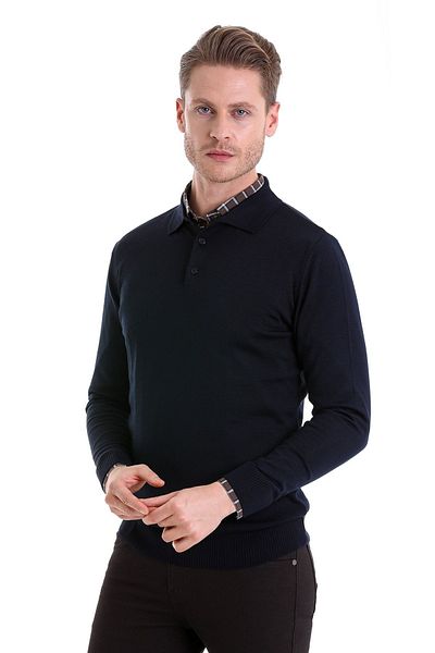 Hatemoğlu Тъмносин Comfort Fit Плосък Поло Яка Вълнен Вълнен Пуловер