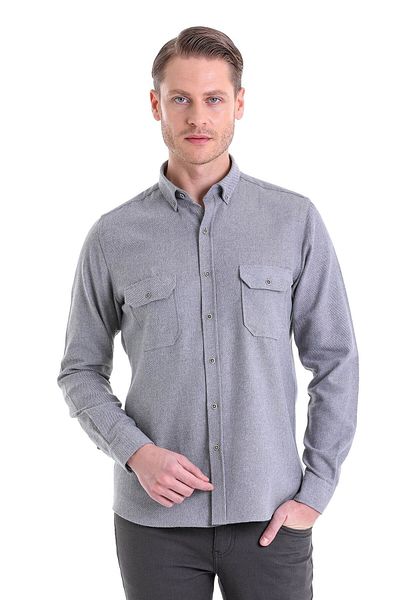 Hatemoğlu Gray Comfort Fit Straight Buttoned Collar Long Sleeve Casual Flannel Shirt