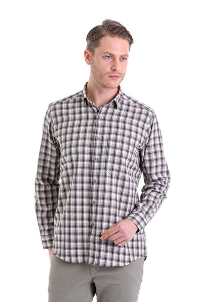 Hatemoğlu Bej Klasik Fit Kareli Slim Yaka Uzun Kollu Casual Flanel Gömlek