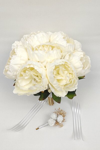 Hobigram Krem Yapay Erengül Şakayık Gelin Buketi Ve Damat Yaka Çiçeği – Gelin...