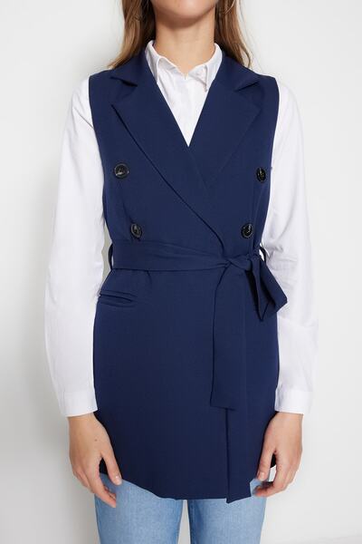 Trendyol Modest Sötétkék deréknyakkendő részletesen szövött bélelt mellény TCTSS23YL00029