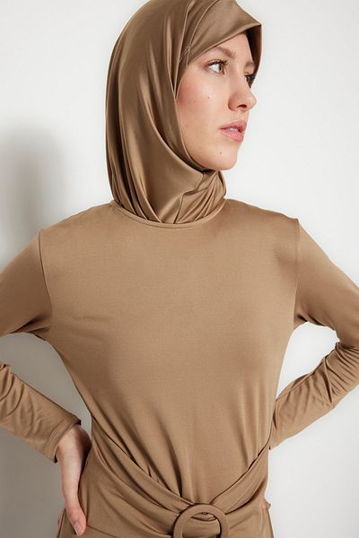 Trendyol Modest Σετ μαγιό 4 τεμαχίων μινκ Πλήρως καλυμμένο πλεκτό λύκρα TCTSS23CF00038
