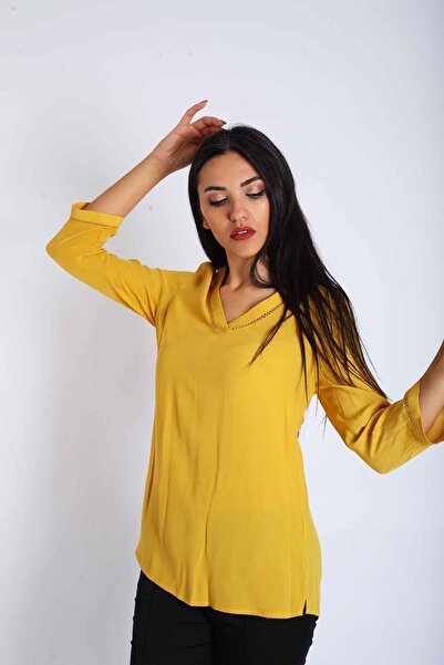 Blues Outlet بلوزة نسائية برقبة على شكل حرف V وأكمام مخيطة - خردل