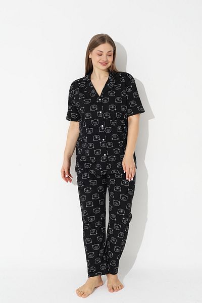 Siyah İnci Black Teddy Bear Patterned Curve Plus Size Oversize Short Sleeve Buttoned Cotton Pajama Set