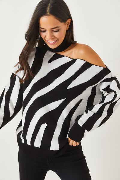 Olalook Pulover oversize din tricot cu model zebră negru cu un umăr KZK-19000540