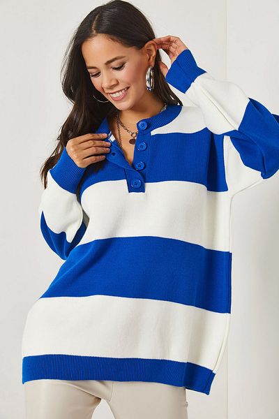 Olalook Saks Blue Buttoned Striped Oversize Knitwear Sweater KZK-19000590