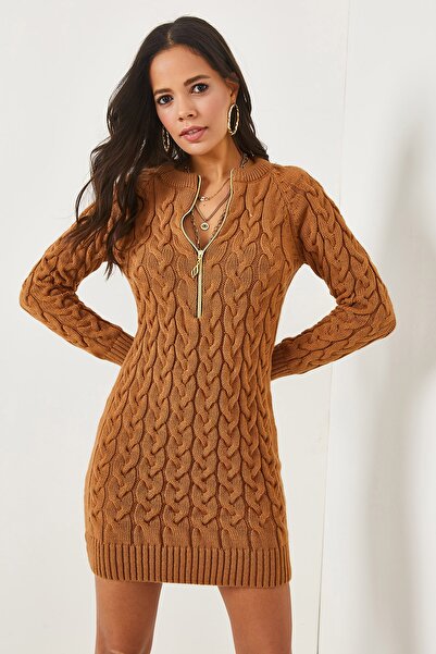 Olalook Bisküvi Fermuarlı Saç Örgülü Triko Elbise ELB-19001362