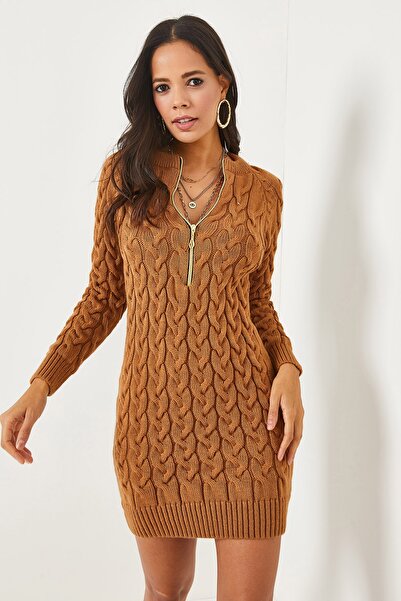 Olalook Bisküvi Fermuarlı Saç Örgülü Triko Elbise ELB-19001362