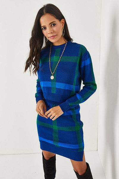 Olalook Saks Blaues Oberteil Kurzer Pullover Unterteil Schlitzrock Set TKM-19000184